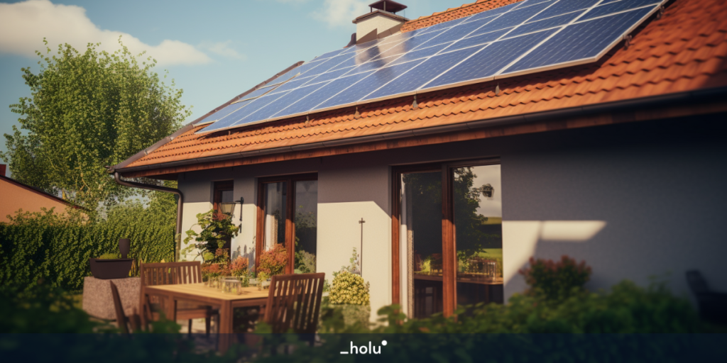 Casa com uma área externa arejada, com plantas e mesas de madeira, No telhado da casa esta instalados painéis solares.