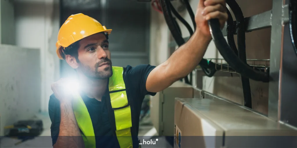 Instalador conferindo a afiação de um inversor solar.